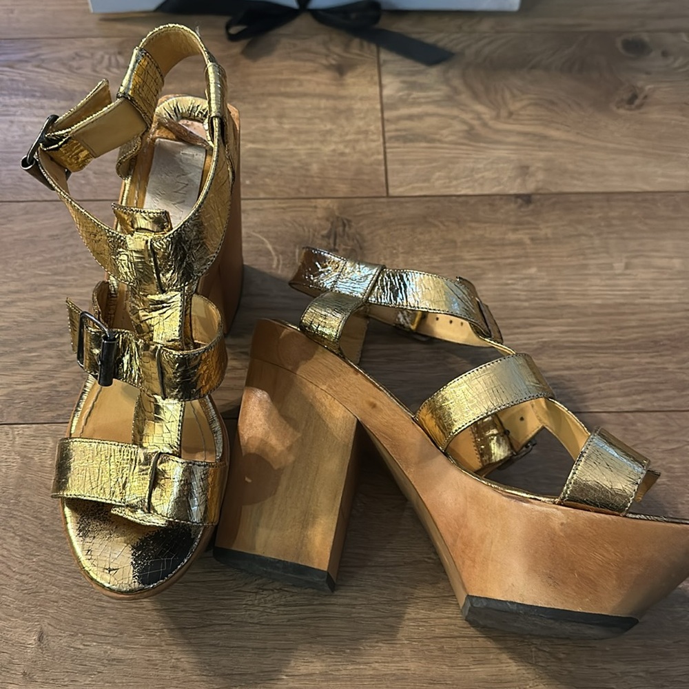 Lanvin Platform Heels Multi Strap Gold Craque Lea… - image 6